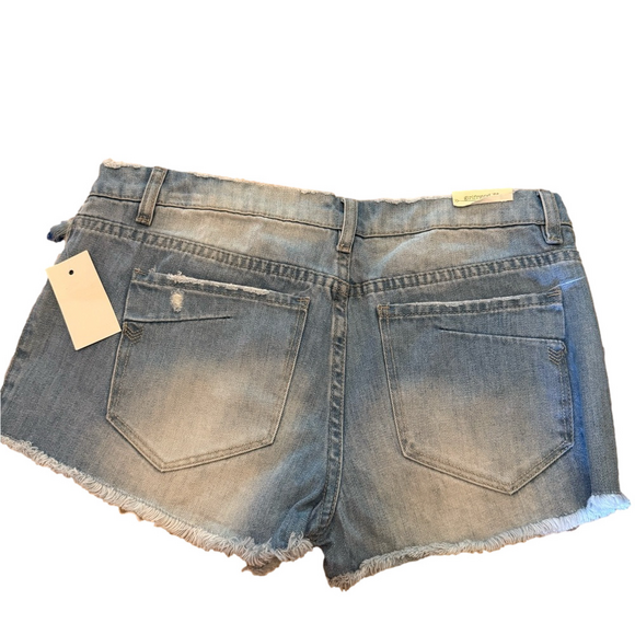 Blue Distressed Jean Shorts with Frayed Hem - Picture 7 of 9